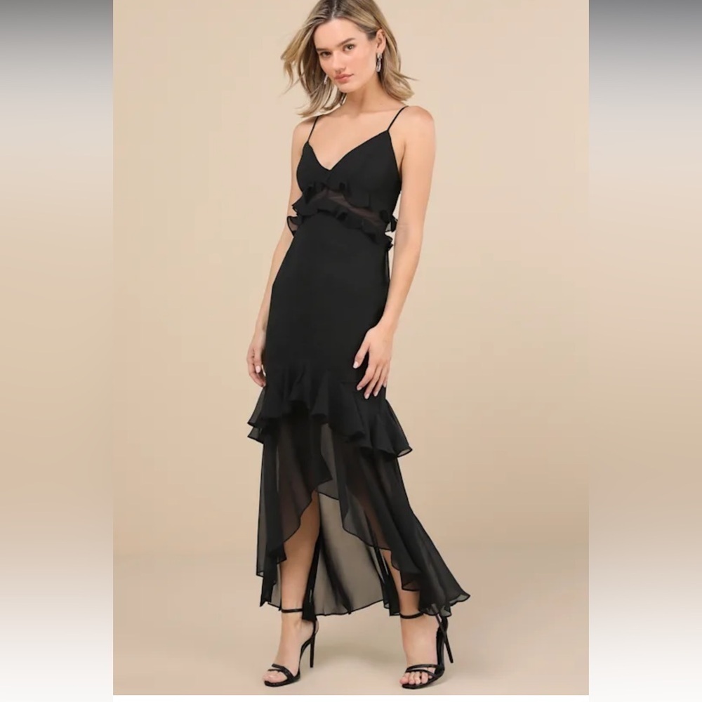 Lulus Pavani Black Sheer Chiffon Ruffled High-Low Midi
Dress by RARE LONDON NWT